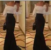 2018 zwart en wit Arabisch prom jurken zeemeermin juliet bladerdeeg lange mouwen eveing ​​feestjurken elegant off schouder sweep trein formele rok