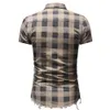 Homens Plaid Shirts de manga curta Slim Fit Turn Down Collar camisas com bolsos 3 cores do verão camisa rasgada Plus Size M-3XL
