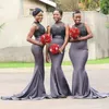 Nigeria grå sjöjungfru brudtärna klänningar hög nacke ärmlös spets och satin piga av ära klänningar för bröllop lång brudtärna klänning