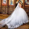 Hot Sexy Ball Gown Wedding Dresses Jewel Neck Lace Appliques Crystal Beads Illusion Hollow Back Court Train Puffy Plus Size Bridal Gowns