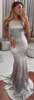 Sıcak Satış Gümüş Denizkızı Prom Elbiseler Elatik Saten Seksi Sırtsız Resmi Parti Elbise Akşam Giyim Nedime Elbiseleri