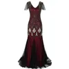 Women 1920s Great Gatsby Dress Long 20s Flapper Dress Vintage V Neck Short Sleeve Maxi Party for Prom Cocktail