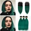 Dark Green Ombre Brasileño Virginal Cabello humano 3 paquetes Ofertas con cierre superior Recto Dos tonos 1B / Green Ombre Hair Weavea con cierre