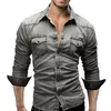 Camisas laamei denim camisa masculina bolso mangas compridas fino ajuste algodão vestido camisas casuais camisa masculina outono streetwear masculina