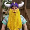 Men039s Handmade Knit Long Beard Viking Horn Hat Funny Crazy Ski Cap Barbarian Cool Beanie Cap Mask Halloween Holiday Party Gif7622722