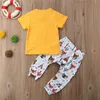 Amarelo bonito Bebés Meninos Animais da criança T-shirt + calças 2PCS definir Outfits Carta Imprimir Casual roupa dos miúdos traje infantil Baby Boutique 0-24M