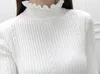 Outono inverno babados feminino gola alta quente manga longa malha bodycon cílios rendado suéter lápis cor sólida