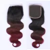 Body Wave # 1B / 4 / 99J Vino Rosso Ombre Capelli Vergini tessono con chiusura in pizzo 4x4 Marrone Nero a Borgogna Ombre Fasci di capelli umani