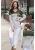 T-shirt a righe manica lunga con scollo a V color block Top Tasca rattoppata Donna 2018 Autunno Felpa più nuova Camicia camicetta allentata casual Top