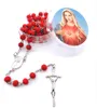 Religiösa Smycken Röd Arom Trä Beadkedja Katolska Bön Pärlor Crucifix Cross Pendant Rosary Halsband Jul Påskgåvor