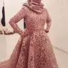 Скромные арабские мусульманские с длинным рукавом формальные вечерние платья розовые высокие шеи линий кружев