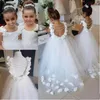 Adorável Branco Marfim Flor Meninas Vestidos Para Casamentos Ruffles Lace Tulle Pérolas Backless Princesa Crianças Vestidos de Festa de Aniversário de Casamento