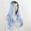 Fantasia Beleza Fantasia Beleza Raiz Escura Ombre Pastel Pastel Azul Calor Resistente Fibra Cabelo Longo Natureza Onda Luz Azul Sintético Lace Perucas dianteiras