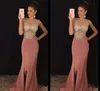 Pink Side Split Evening Party Gowns Mermaid Long Sheer Jewel Neck Sequins Prom Pageant Gowns for Arabic Women Crystals Beaded Formal M28