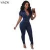 VAZN 2018 Sexy New Style Brand Fashion Women Denim Jumpsuits Night Club Turn-down Collar Short Sleeve Bodycon Rompers SMR8846