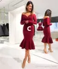 Afrikaanse Arabische Cocktailjurken Bordeaux Zeemeermin OffShoulder TheeLengte Bont Ruches Geplooid Galafeest Jurk Celebrity Jurk Chea8131819