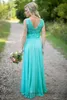 Turquoise Sheer Jewel Neck Chiffon Sheath Bridesmaid Dresses Sequins Lace Long Country Bridesmaid Maid of Honor Wedding Guest 243J