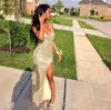 Sparkle Gold paljetter Arabiska klänningar Hög Slitsklänningar Party V Neck sjöjungfrun Backless Plus -storlek Billiga Afrikanska Graduate Gowns Eveing ​​Wear