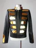 European Nightclub Bar Tide Male Costume Gold Mirrors Sequin Black Pu Leather Jacket Slim Cool Coat Man DJ Singer Punk Rock Stage Costume