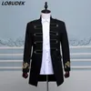 Black White Blue Embroidery Male long Jacket Coats Bridegroom Wedding Clothing Prom Singer Dancer Performance Outerwear Bar Stage Costumes