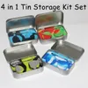 4 in 1 Tin Metal Box Case Portable Silicone Storage Kit with 2pcs Food Grade Silicone Wax Container Oil Jar Base Dabber Tool
