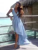 2020 Sexy V Neck Prom Dresses Sky Blue High Satin Satin Ruched Paski Sash Formalna suknia wieczorowa Vestido de Fiesta