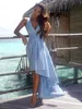 2020 Sexy V Neck Prom Klänningar Sky Blue High Low Satin Ruched Straps Sash Formell Evening Gown Vestido de Fiesta