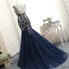 New High-End Atmosphere Navy Heavy Beaded Evening Dresses Halter Collar Long Tail Yarn V Dance Party Dresses HY065