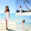 Zomer Flowy Chiffon Trouwjurken Strand Saoedi-Arabië Een Lijn Spaghetti Trouwjurk Hoge Dij Split Bruidsfeestjurk Backless Aanpassen