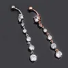 Mode Rostfritt Stål Zircon Long Dangle Round Rhinestone Navel Belly Ring Knapp Bar Barbell Ringar Piercing Reverse Smycken