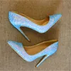 Бесплатная доставка мода женщины синий блеск strass точка toe обувь на высоких каблуках тонкий каблук Обувь насосы из натуральной кожи 10 см большой размер 33-43