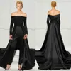 Black Lace Fashion Jumpsuits Evening Dresses with Detachable Train Off the Shoulder Beaded Formal Gowns Long Sleeves Pant Suits Prom Dress