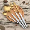 Free shipping Portugal pointed tail cutlery knife and fork spoon Hotel 304 stainless steel western tableware The white handle golden flatwar