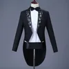 Costume da coda di rondine da uomo Applique Paillettes Frac Pantaloni Abito Club Mago Abito da palcoscenico Prom Cantante Abito da coro Blazer nero Abiti da ospite