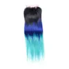 Straight # 1b / Blue / Teal Dark Root Three Tone Ombre Peruvian Virgin Human Hair Weaves 3 Bundle Deals med Ombre 4x4 Lace Closure Piece