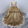 Altın Payetli Balo Kız Pageant elbise 2020 Vintage Dantel Uzun Kollu Artı Boyutu Ucuz Toddlers Çocuklar Cupcake Pageant Gençler için Elbiseler