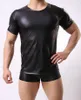 2019 Gorąca Sprzedaż Moda Sexy Mężczyźni T Koszulka Scena Koszulki Krótki Rękaw Imitacja Skórzana Kompresja Gay PU Skórzane Mężczyźni Tees Tight Top