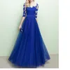 Elegant blå mor till bruden klänningar lång aftonklänning skopa ren med blommig spets halv ärmar golv längd prom klänningar