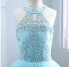 Royal Blue Halter Girls Pageant Dresses Barato Largo 2018 Luxury Crystal Rhinestones Con cuentas Una línea de tul Keyhole Back Vestidos de flores para niñas