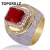 Topgrillz HIP-HOP klassieke goudkleurige kubieke zirkoon grote rode stenen ring persoonlijkheid mode mannen vrouwen sieraden minnaar geschenk