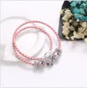925 Sterling Zilver Roze Bloem Charm Kraal fit Europese Pandora Armbanden voor Vrouwen Charm Double Layer Lederen Ketting Mode-sieraden