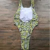 Snake skin print one piece swimsuit thong one piece swimwear back low cut monokini metal chain swimsuit swimming suit for women