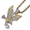 Hip Hop couleur or plaqué cuivre glacé Micro pavé CZ aigle pendentif collier hommes charme bijoux trois chaînes de style