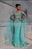 New Evening Dresses New Luxury Mermaid Cap Wrap Sleeves Lace Appliques Crystal Beaded With Cape Flowers Blue Formal Party Prom Gowns