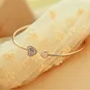 Women Girl Simple Style Gold Tone Rhinestone Love Heart Bangle Cuff Bracelet (Color: Gold)