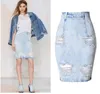 Washed Jean Women Summer Half Knee Length Split Up Zipper Design Skirts Light Denim Blue Ripped Skirt