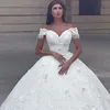 Sexy New Arabic Ball Gown Wedding Dresses Off Shoulder Lace 3D Flowers Beaded Cap Sleeves Princess Floor Length Puffy Plus Size Bridal Gowns