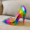 Free shipping fashion women pumps rainbow patent leather spikes rivets point toe high heels thin heel 12cm 10cm 8cm real leather