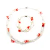 Natürliches Süßwasserperlen-Schmuckset, Halskette und Armband, 7–9 mm elliptische weiße Perle + Kristall und Türkis-Schmuckset