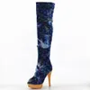 Kolno Nowy Design Classic Style Handmade Kobiety High Heel Buty Kolana Demin Peep-Toe Botki Moda Western Shoes X161037